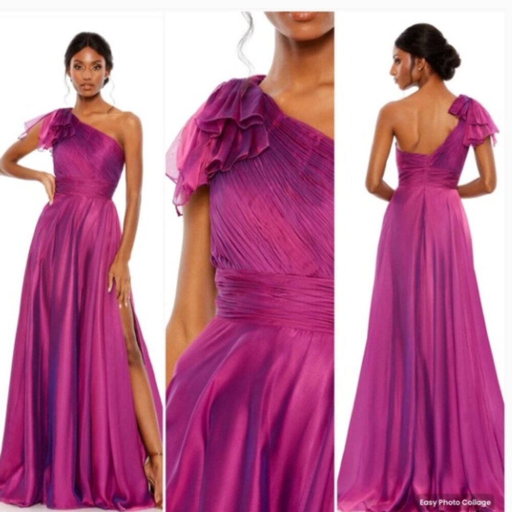 MAC DUGGAL 67475 PLEATED ONE SHOULDER CHIFFON RASBERRY THIGH SLIT GOWN 14